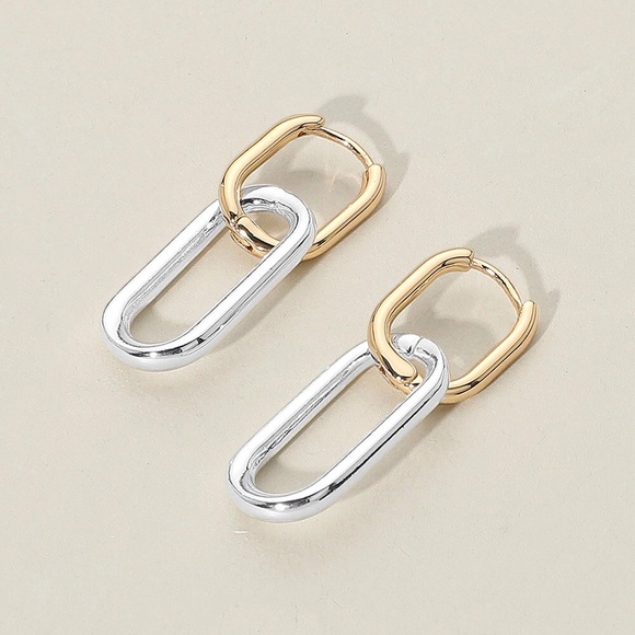 Two Tone Geometric Huggie Earrings - Picture 1 of 3